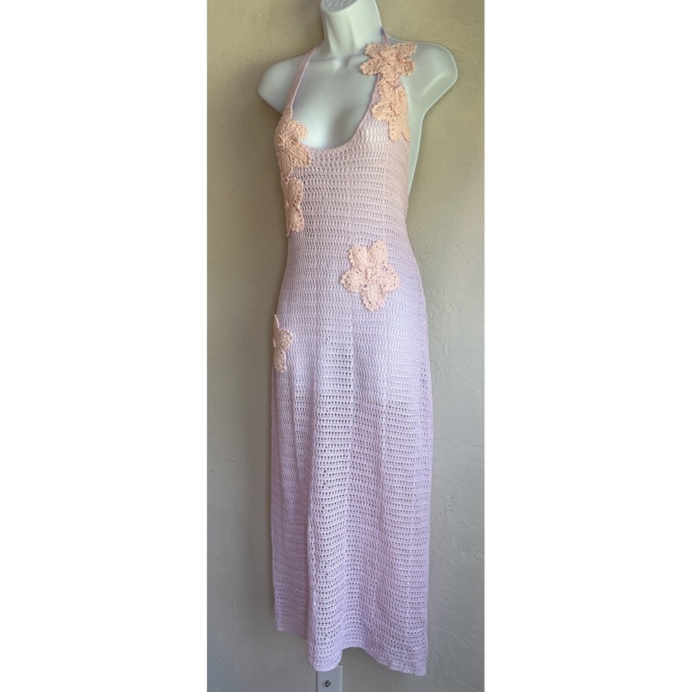 Open Knit Crochet Halter Maxi Dress S 3D Floral Appliqué Cover Up Coquette Y2K - Picture 3 of 8